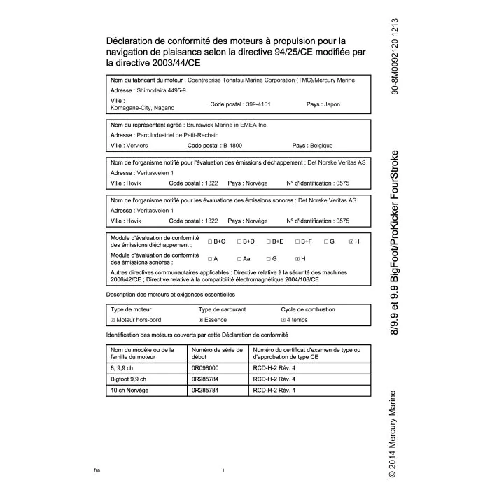 8CV – 9,9CV 4T big foot notice Mercury / Tohatsu