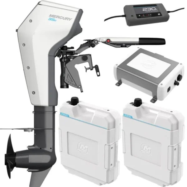 Moteur électrique Mercury Avator 35e barre franche avec 2 batteries lithium, un coffret power center et chargeur