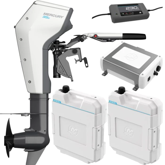 Moteur électrique Mercury Avator 35e barre franche avec 2 batteries lithium, un coffret power center et chargeur